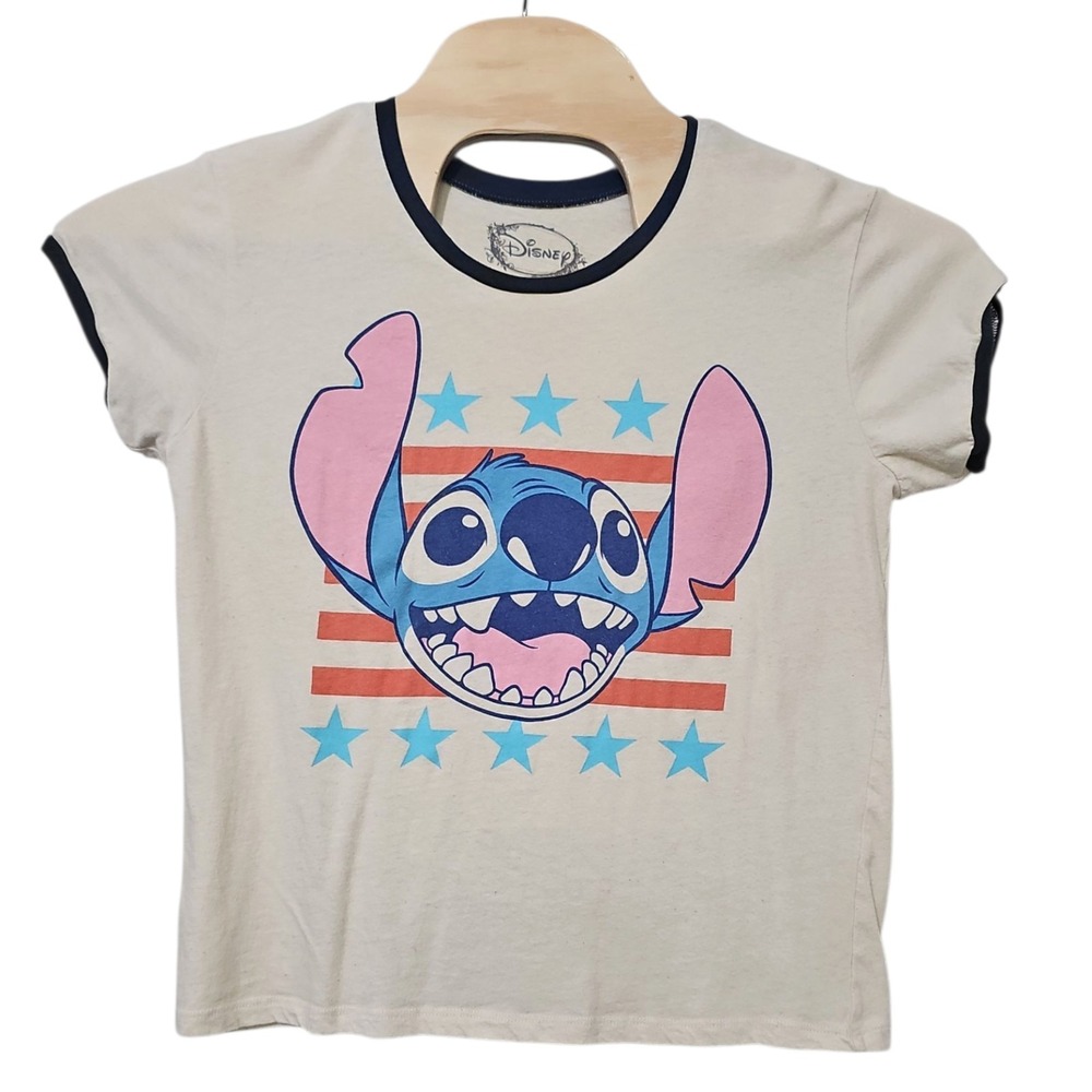 Disney Lilo and STITCH Patriotic Flag Ringer T-Shirt Size X-Large 100% Cotton
